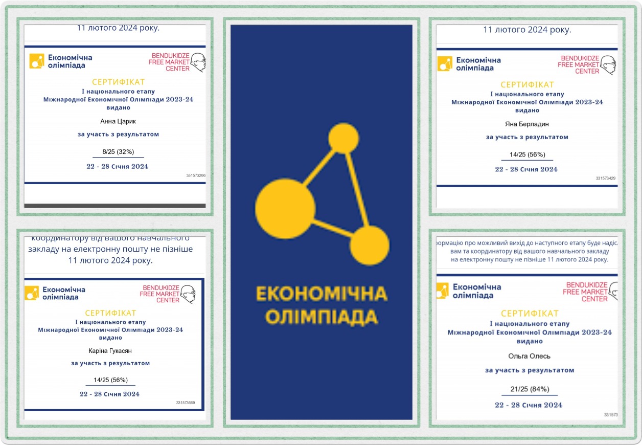 23 січня учні 9 класу Чернівецької гімназії №19 взяли участь у першому національному етапі Міжнародної економічної олімпіади 2023-2024, яка була організована Центром Бендукідзе у партнерстві з EFI та за підтримки Міністерства освіти і науки України, Національного Банку України, Київської школи економіки, Студії онлайн освіти EdEra і Української академії лідерства.