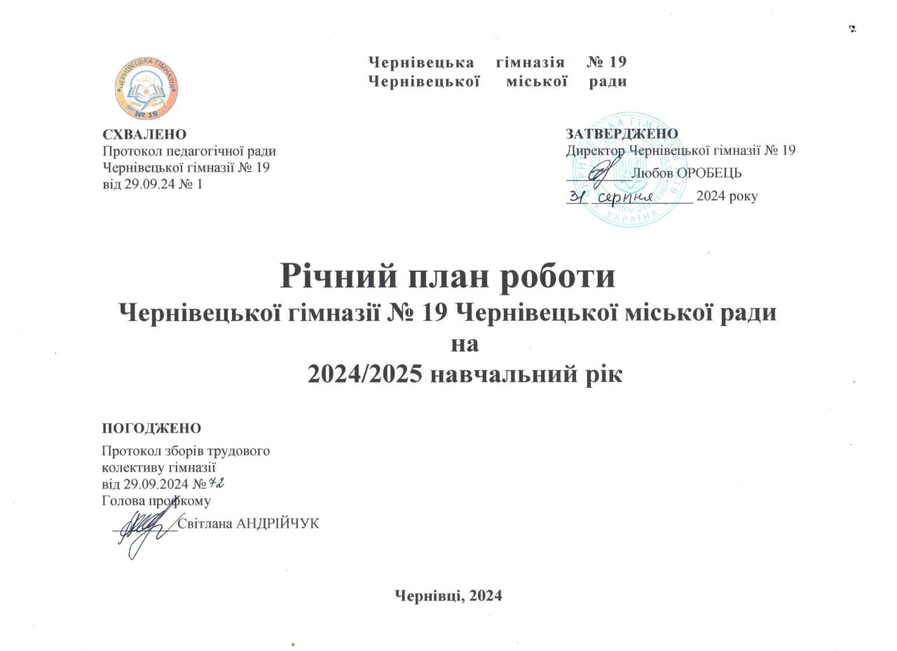 Річний план роботи Чернівецької гімназії №19 2024/2025 н.р